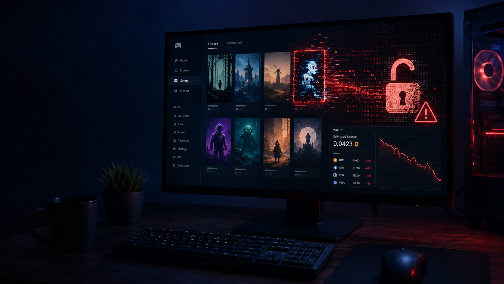 Gaming-PC mit geöffneter Spielebibliothek, roter Malware-Warnung und einer digital geleerten Krypto-Wallet.